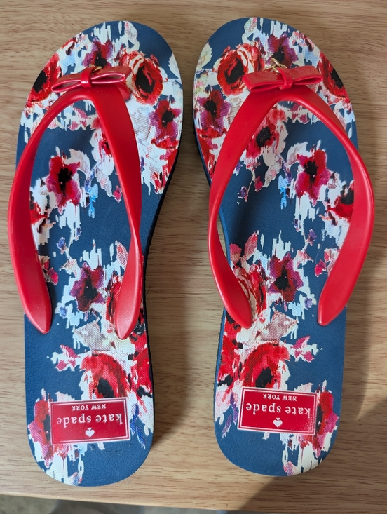 kate spade Shoes - kate spade Navy Floral Flip Flops with Red Straps and Pink Accents